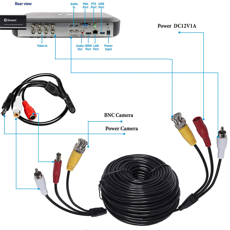 100ft HD Audio Video Security Camera BNC Power Cable Сopper - Gift BNC - Pre-Made All-in-One Extension Wire CCTV Cord with BNC RCA Connectors 30 m 3-in-1(100 Ft)