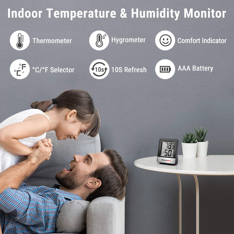 ThermoPro TP49 Digital Hygrometer Indoor Thermometer Humidity Meter Room Thermometer with Temperature and Humidity Monitor Mini Hygrometer Thermometer 1 Pitch Black