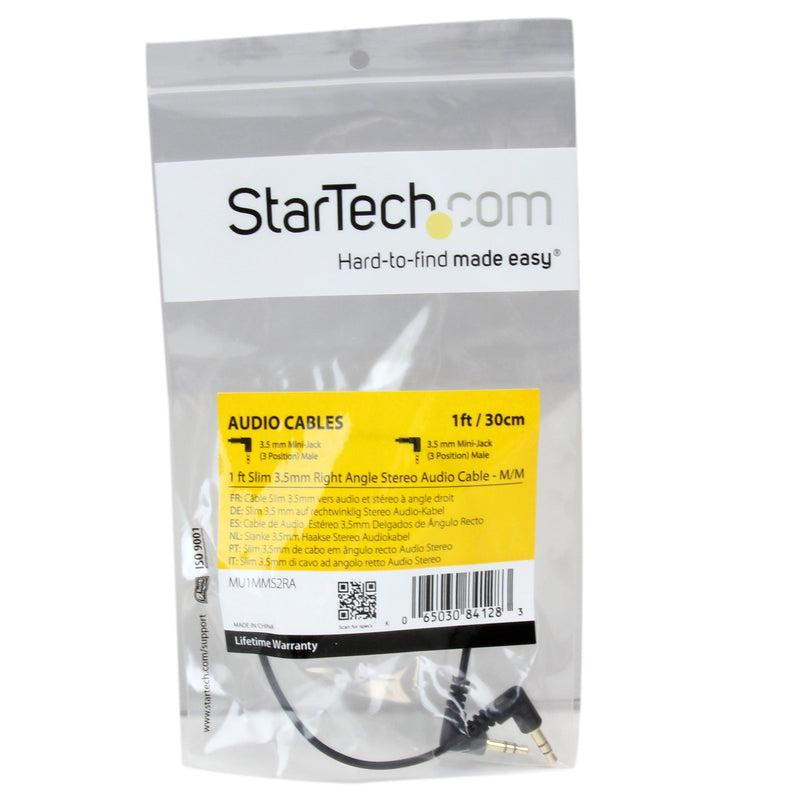 StarTech.com 1 ft. (0.3 m) Right Angle 3.5 mm Audio Cable - 3.5mm Slim Audio Cable - Right Angle - Male/Male - Aux Cable (MU1MMS2RA), Black 2 Angled Connector