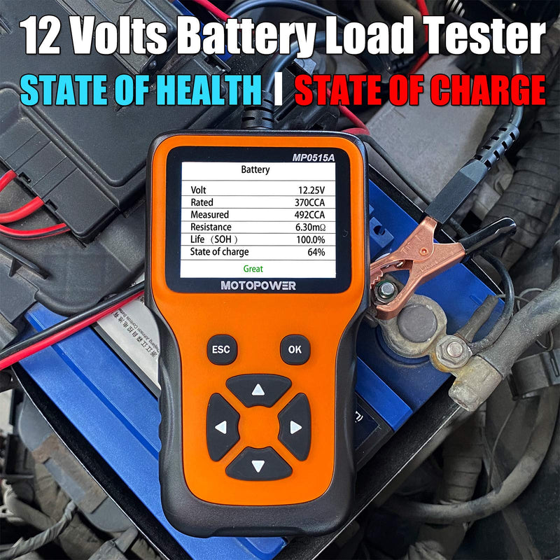 MOTOPOWER MP0515A 12V Car Battery Tester Automotive 100-2000 CCA Battery Load Tester Auto Cranking and Charging System Test Scan Tool Digital Battery Alternator Analyzer