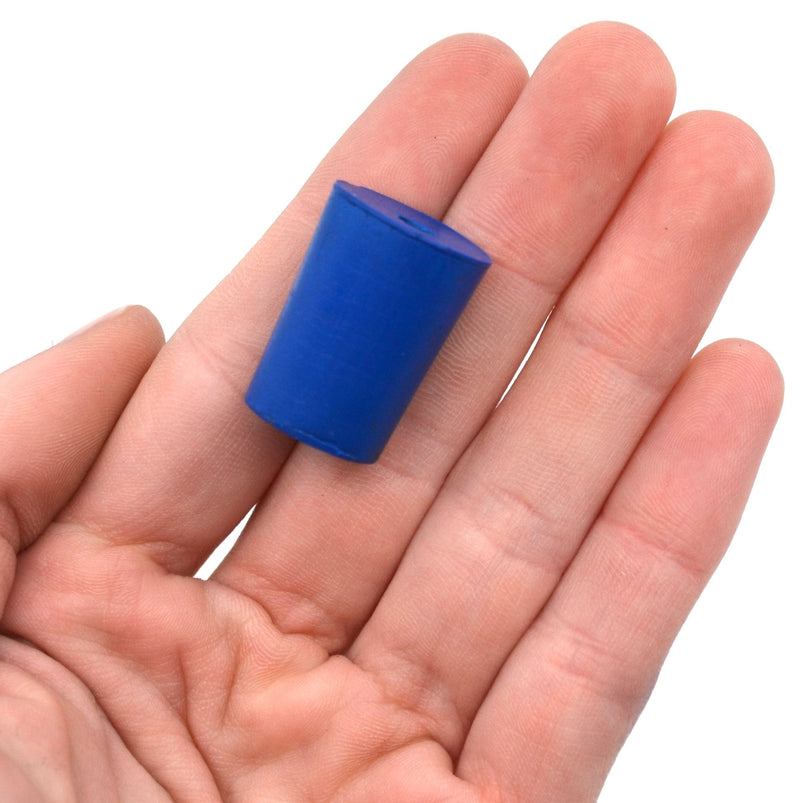 10PK Neoprene Stoppers, 1 Hole - Blue - Size: 15mm Bottom, 18mm Top, 24mm Length - Suitable for use with Petroleum, Oils, Inorganic Acids and Bases - Eisco Labs
