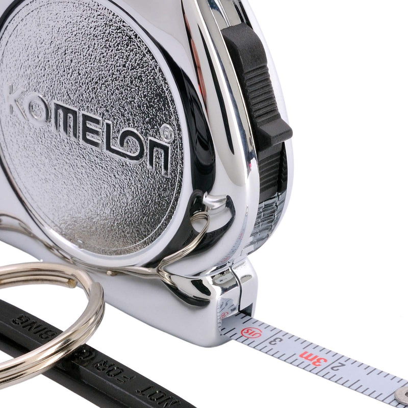 KOMELON KMC-74K Pro Easy Chrome Case Tape Measure 3m x 6mm Metric Rulers Key Chain Key-Ring with Carabiner Clip Accessory