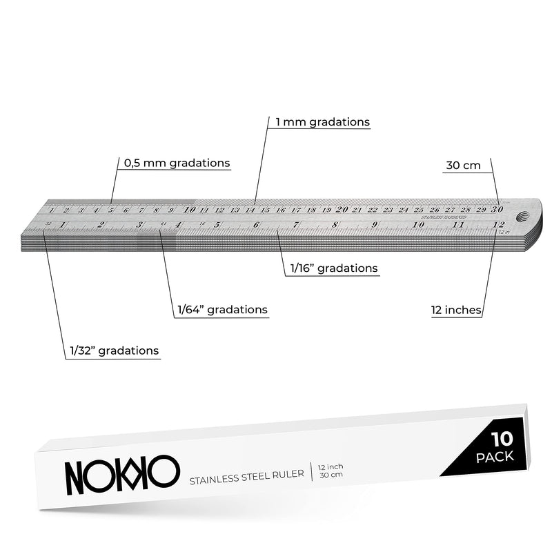 NOKKO Metal Ruler 10-Pack - Measuring Set of 12-Inch/30cm Stainless Steel Rulers - Imperial & Metric Measurements & Conversion Table - Etched Markers Start at The Very Edge of The Straight Edge Ruler