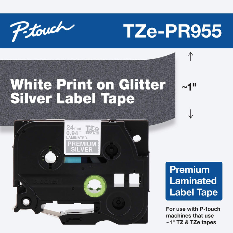 Brother TZEPR955 P-touch TZe-PR955 White Print on Premium Glitter Silver Laminated Tape 24mm (0.94") wide x 8m (26.2') long