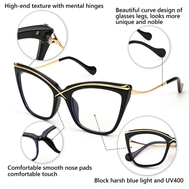 FEISEDY Women Oversized Square Blue Light Blocking Glasses Anti Eyestrain Cat Eye Fashion Eyewear B2956 Black 55 Millimeters