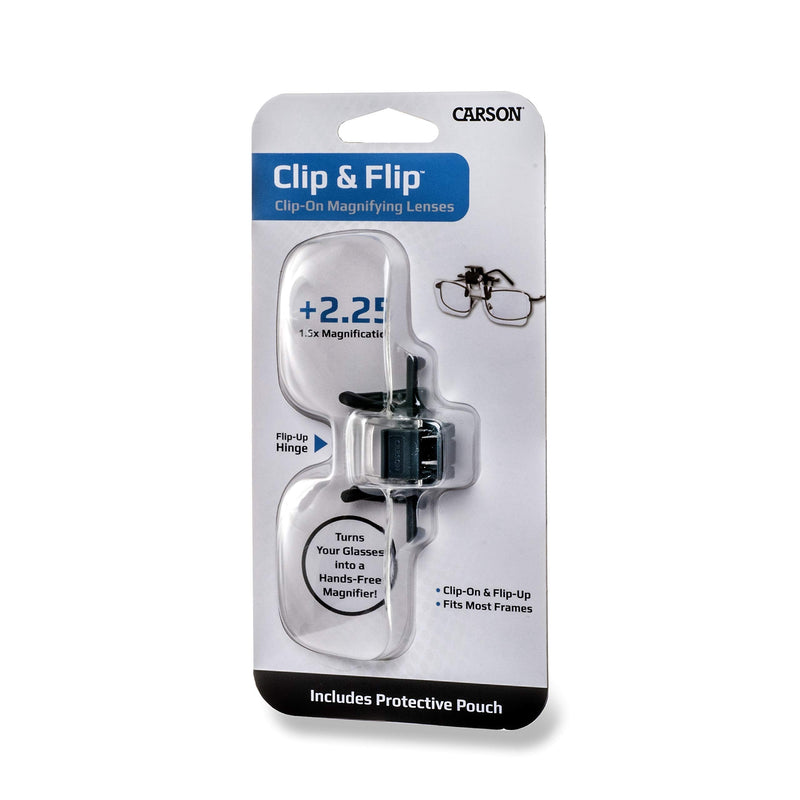 Carson Clip and Flip, Clip-On, Flip-Up Magnifying Lenses For Fly Tying, Reading, Hobby, Crafts and Other Low Vision Tasks 1.5x Power (+2.25 Diopters)