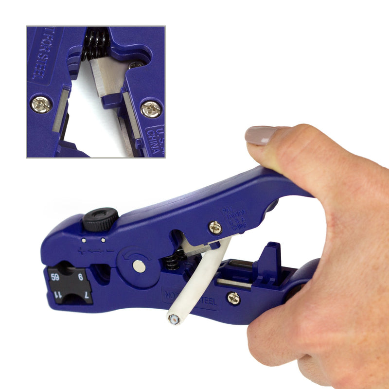 TRENDnet Universal Stripping and Cutting Tool, RG59/6/11/7, UTP, STP, CAT5, 4P/6P/8P, Flat & Round Cables, Adjustable Blade Depth, TC-CT70,Deep Blue
