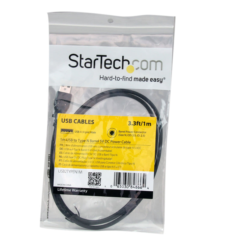 StarTech.com 1m USB to Type N Barrel 5V DC Power Cable - USB A to 5.5mm DC - 1 Meter USB to 5.5mm DC Plug (USB2TYPEN1M), Black 3 ft / 1m