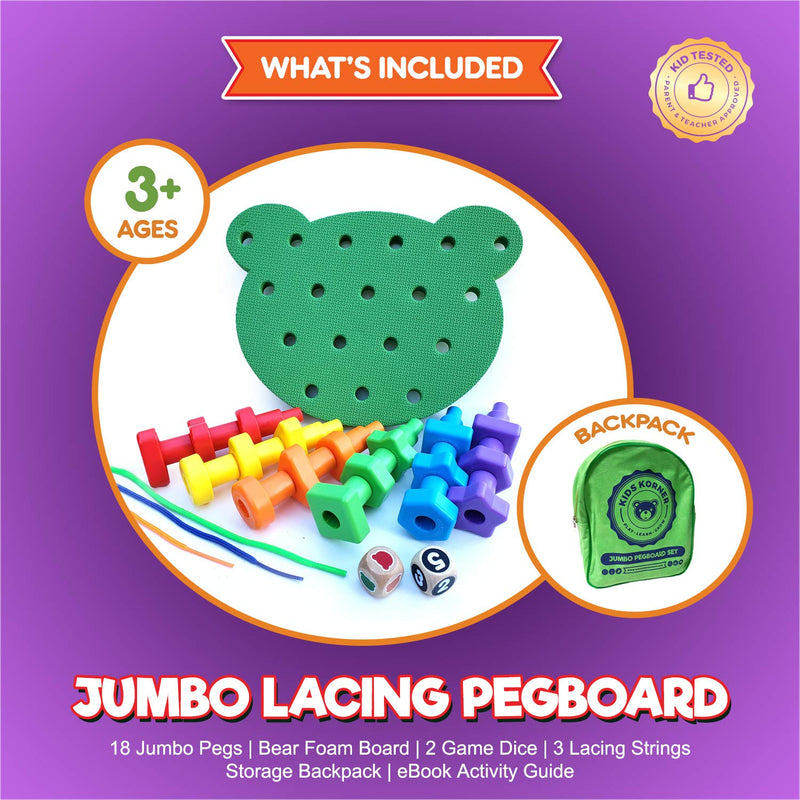 KIDS KORNER Jumbo Shapes Peg Board Toddler Games Set - Educational Baby Toys for Toddlers Stacking Sensory Toys, Peg Math Manipulatives, Toy Storage Backpack & Learning Activities eBook LACING PEGBOARD: 18 Pegs, Board, 3 Laces, Tote