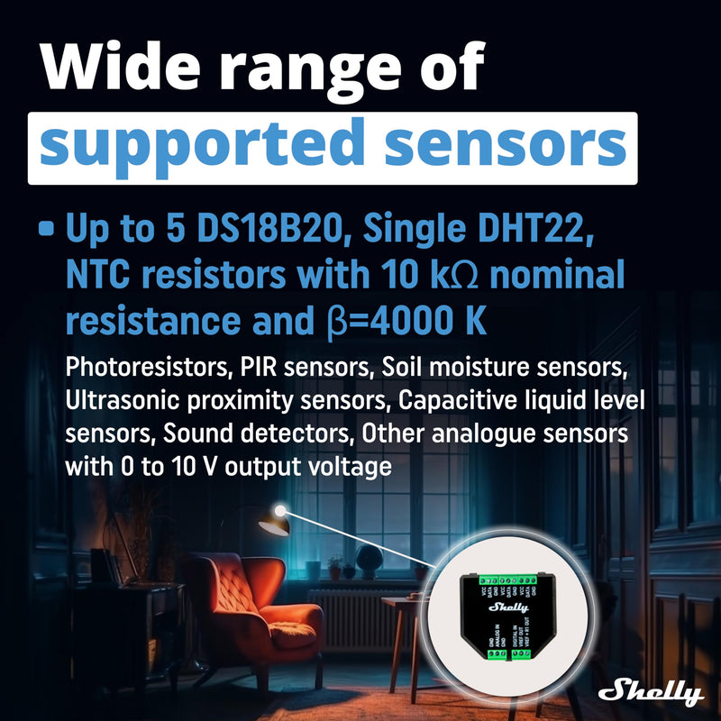 Shelly Plus Add-On, Smart Home Interface Plus Relay, Digital Control via WLAN & App, WiFi Home Automation, 3.3V, Applicable for DS18B20 & DHT22 Sensors Pack of 1