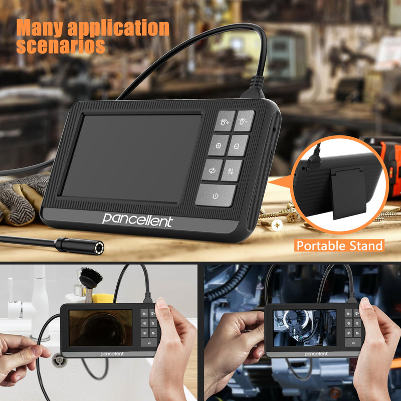 Industrial HD digital endoscope, Pancellent 4.3 inch IPS endoscope inspection camera with hand-held, waterproof IP67 snake channel with 8 LED lights, 5M semi-rigid cable