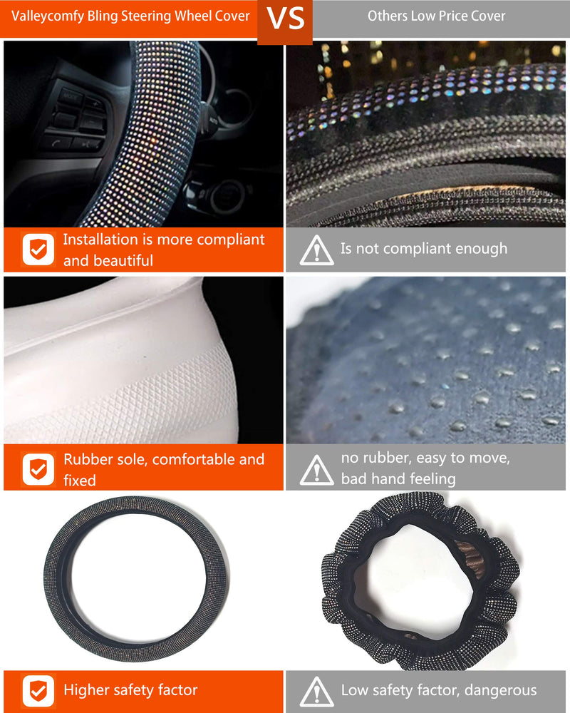 Valleycomfy Steering Wheel Cover for Women Men Bling Bling Crystal Diamond Sparkling Car SUV Wheel Protector Universal Fit 15 Inch (Black with Blue Diamond,Standard Size(14" 1/2-15" 1/4)) Black with Blue Diamond Standard Size(14"1/2-15"1/4)