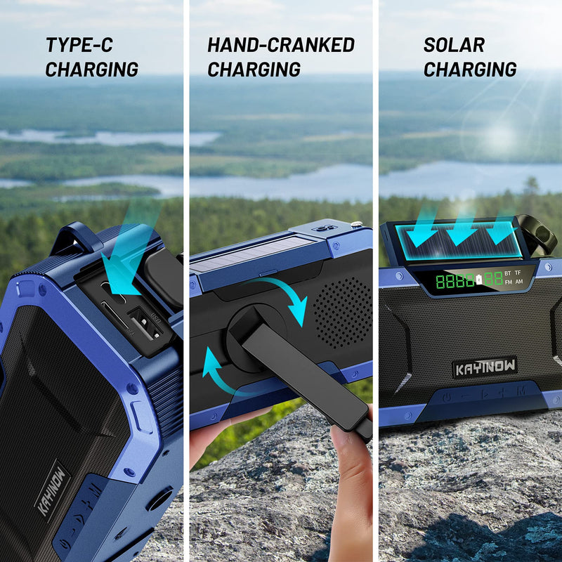 Auto Scan Digital AM FM WB NOAA Weather Radio,Portable Hand Crank Radio with Loud Stereo Bluetooth Speaker,Waterproof Wind Up Solar Emergency Radio,5000mAh Cell Phone Charger,Flashlight,Battery Backup