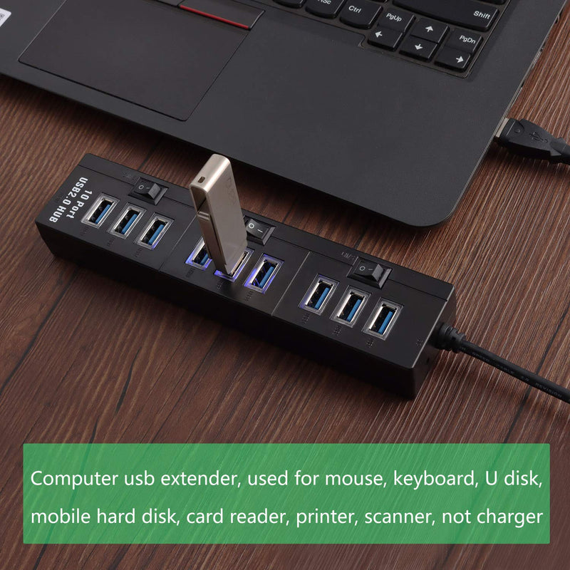 Pasow 10 Port High Speed USB 2.0 Hub with Power Adapter and 3 Control Switches (Black) Black