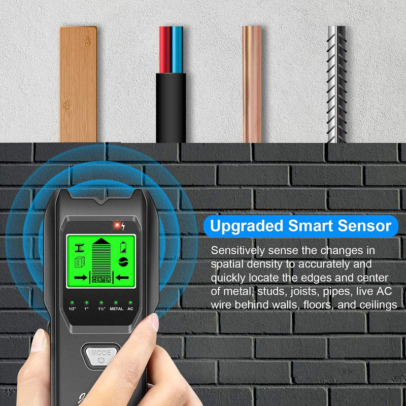 Stud Finder Wall Scanner, 5 in 1 Multifunction Stud Locator with Upgraded Smart Sensor, HD LCD Display and Audio Alarm for The Center and Edge of Metal, Studs, AC Wire, and Pipe Detection Black