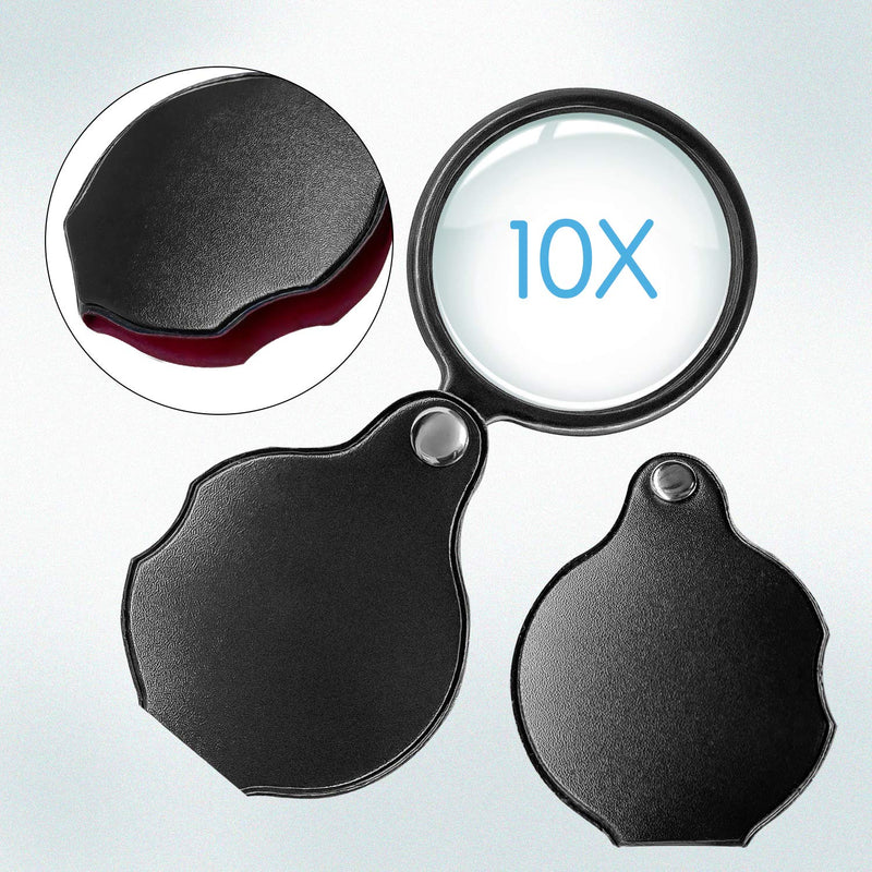 Wapodeai 2pcs 10x Small Pocket Magnify Glass Premium Folding Mini Magnifying Glass with Rotating Protective Leather Sheath, Apply to Reading, Science, Jewelry, Hobbies, Books, 1.96in