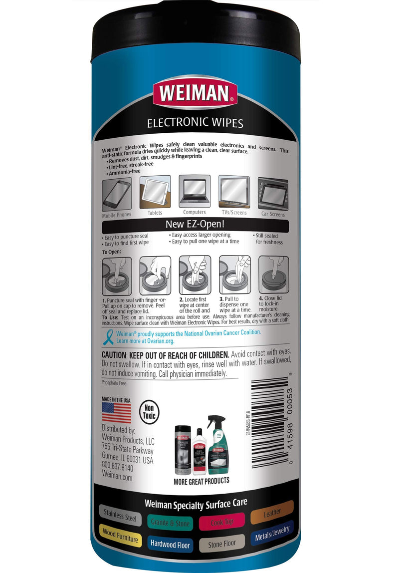 Weiman Electronic & Screen Cleaning Wipes - Safely Clean Your Phone, Laptop, Computer, TV Screen, Computer Monitor, Tablets, Lens Wipes, Safe Cleaner for All Screens - Streak Free - 30 Count | 2 Pack 30 Count (Pack of 2)