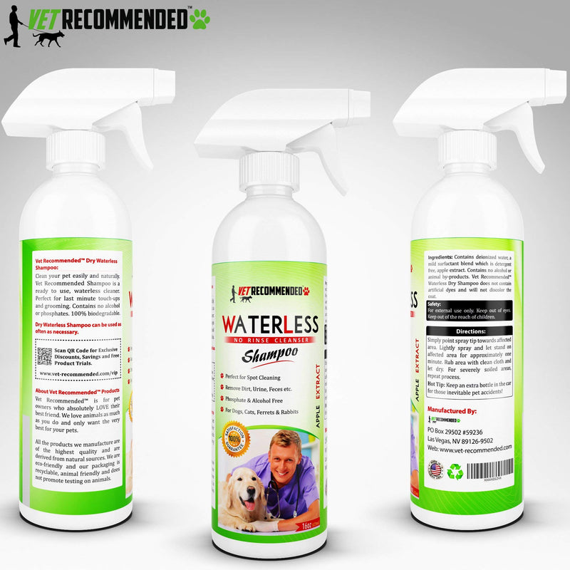Vet Recommended Waterless Dog Shampoo No Rinse Dry Shampoo for Dogs (16oz/473ml), Detergent and Alcohol Free, Apple Extract - Perfect for Spot Cleaning The Dog Coat - Made in USA
