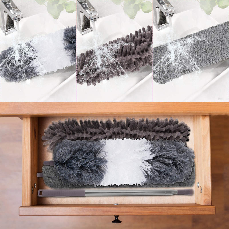 Microfiber Duster, with Extension Pole(Stainless Steel) 30 to 100 Inches, Reusable Bendable Dusters, Washable Lightweight Dusters for Cleaning Ceiling Fan, High Ceiling, Blinds, Furniture, Cars
