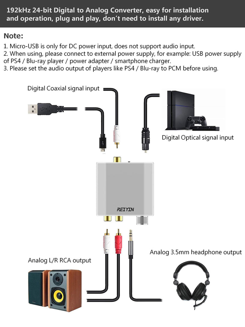 Reiyin DA-01 Digital to Analog Converter DAC Digital Optical Coaxial Toslink to Analog Stereo L/R RCA 3.5mm Audio Adapter with Volume Control for PS3 PS4 Xbox DVD AV Amps Cinema Systems Apple TV