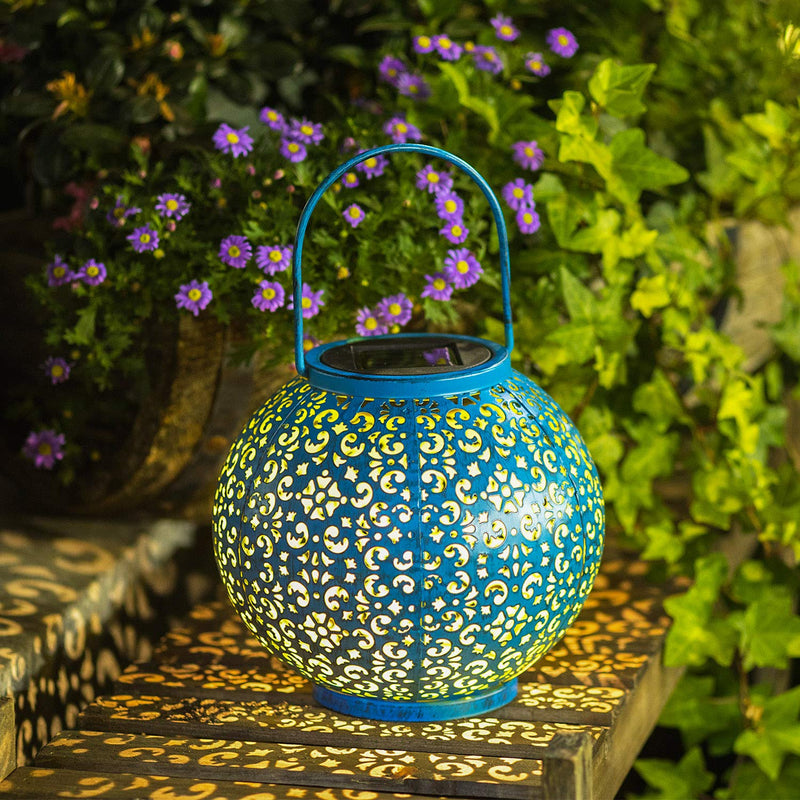 Solar Big Lantern Hanging Garden Outdoor Lights Metal Waterproof LED Table Lamp Decorative Blue