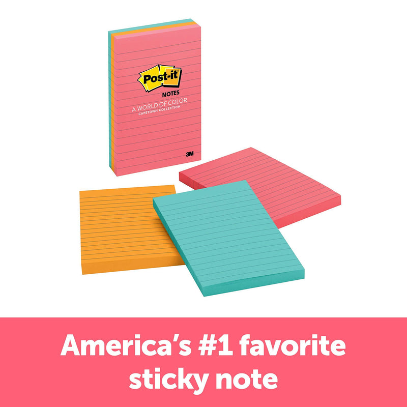 Post-it Notes, 4x6 in, 3 Pads, America's #1 Favorite Sticky Notes, Cape Town Collection, Bright Colors (Magenta, Pink, Blue, Green), Clean Removal, Recyclable (660-3AN)