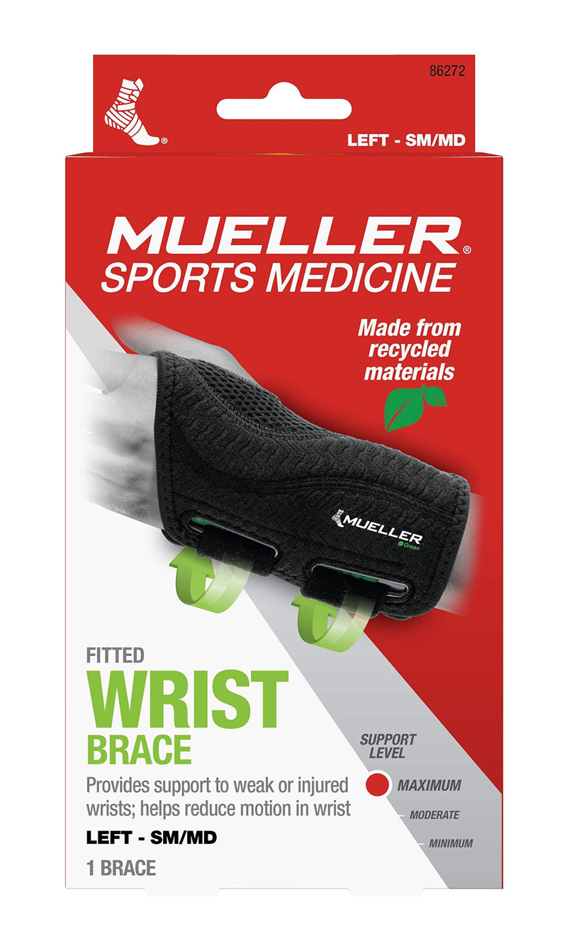 Mueller Green Fitted Wrist Brace, Black, Left Hand, Small/Medium (5-8) Small/Medium (Pack of 1)