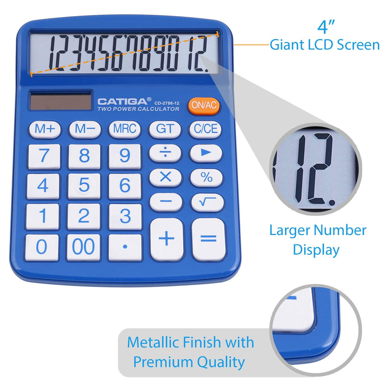 Desktop Calculator 12 Digit with Large LCD Display and Sensitive Button, Solar and Battery Dual Power, Standard Function for Office, Home, School, CD-2786 (Blue) Blue