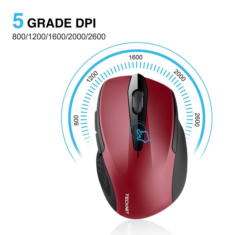 TECKNET Pro 2.4G Ergonomic Wireless Optical Mouse with USB Nano Receiver for Laptop,PC,Computer,Chromebook,Notebook,6 Buttons,24 Months Battery Life, 2600 DPI, 5 Adjustment Levels Red