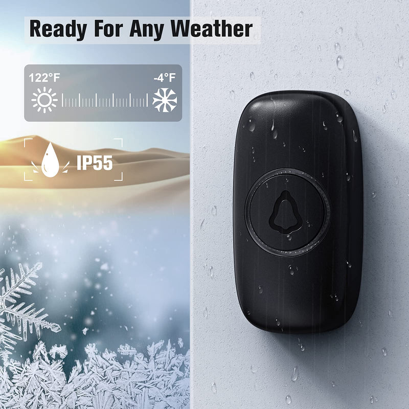 SECRUI Wireless Doorbell with 2 Receivers, Waterproof Mini Doorbell 1,000ft Range 110dB Mute Mode 58 Door Chimes & Colorful LED Flashing - Black 1 Push Button 2 Receivers