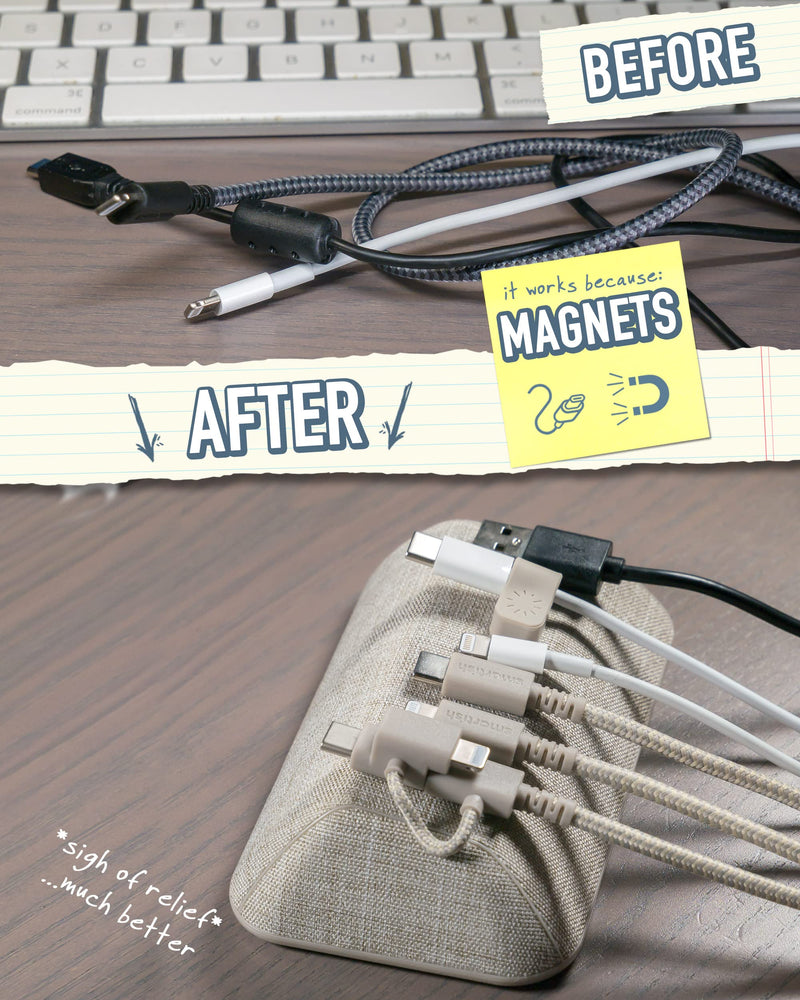 Smartish Magnetic Cord Holder - Bigger Cable Wrangler Organizer with Magnet Clips for Charger Management on Desktop, Nightstand, or Side Table - Holds 6 Cables - Lightly Toasted Beige