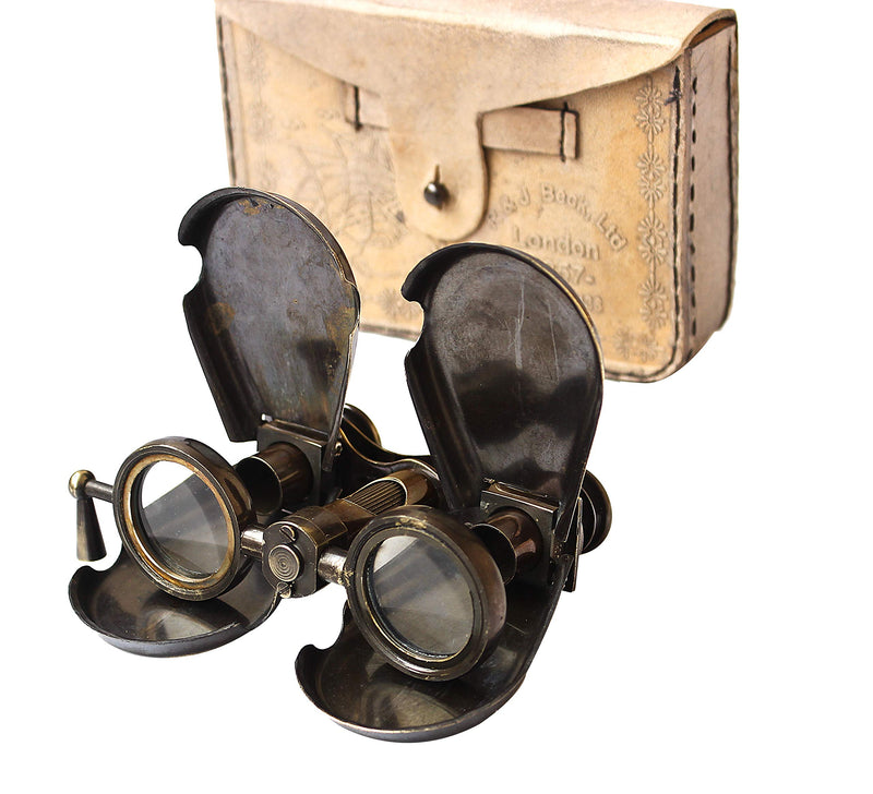 Vintage Antique Spy Glass 1857 R & J Beck Brass Binocular with Leather Case
