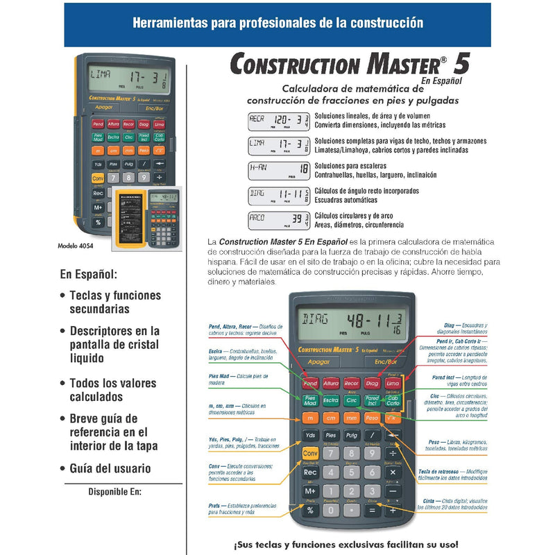 Calculated Industries 4054 Construction Master 5 en Espanol Construction Feet-Inch-Fraction Calculator for Carpenters [Calculadora de construcciÃ³n con pies, pulgadas y fracciones para carpinteros] CM5 en Espanol