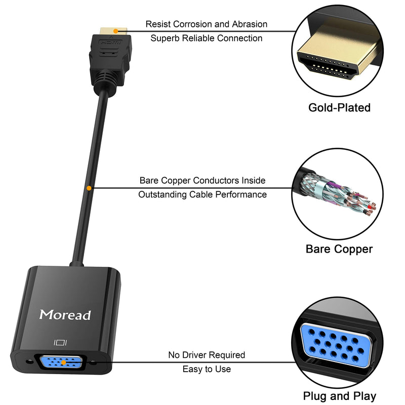 Moread HDMI to VGA, Gold-Plated HDMI to VGA Adapter (Male to Female) for Computer, Desktop, Laptop, PC, Monitor, Projector, HDTV, Chromebook, Raspberry Pi, Roku, Xbox and More - Black 1