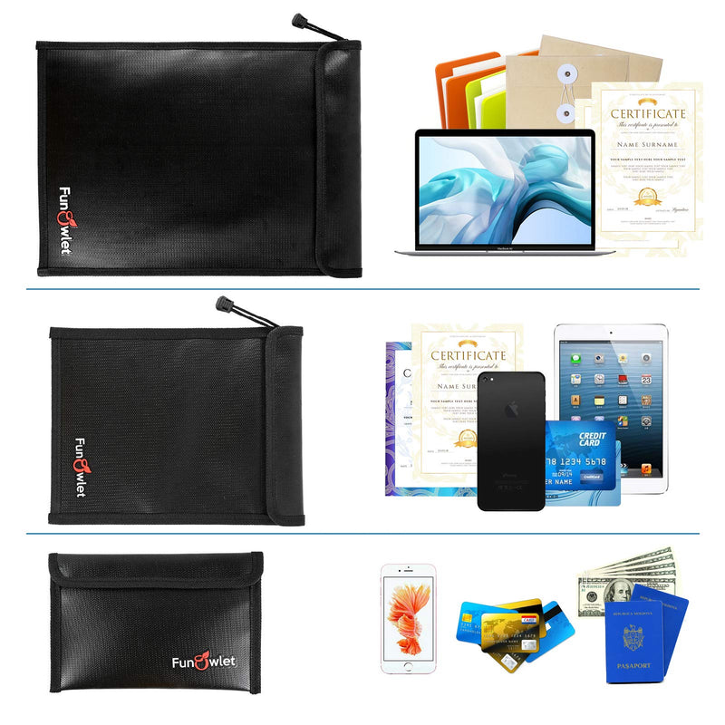 Fireproof Waterproof Money Document Bag - 3 Pack Safe Upgraded Zipper Bags, Fire & Water Resistant Storage Organizer Pouch for A4 A5 Documents Holder,File,Cash,Jewelry,Passport,Tablet,Laptop (Black) Black