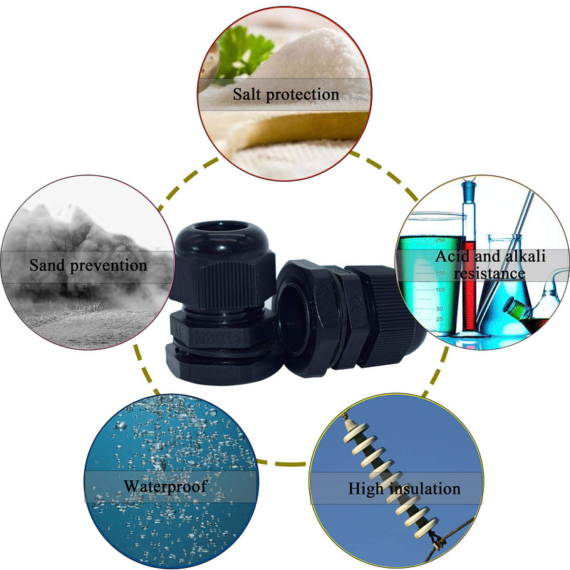 ZKSM Cable Glands (10Pcs), Nylon Cable Glands Waterproof M20 x 1.5 Glands 6-12 Range Black Cable Connector for Home/Garden/Outdoor Lighting Cable