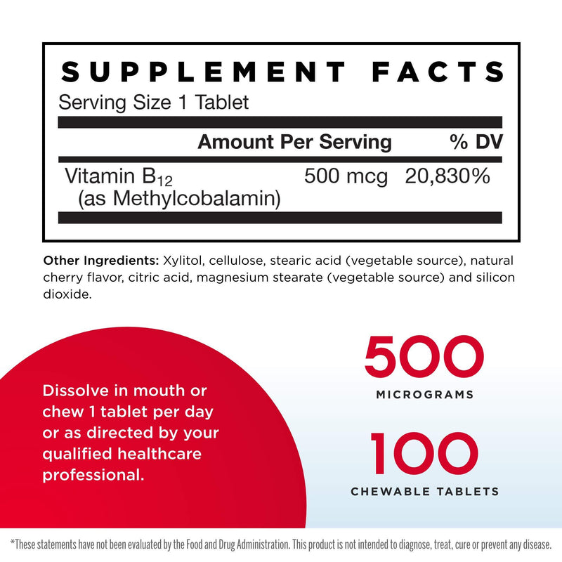 Jarrow Formulas Methyl B-12 500 mcg - 100 Chewable Tablets, Cherry - Bioactive Vitamin B12 - Supports Energy Production, Brain Health & Metabolism - Gluten Free - 100 Servings