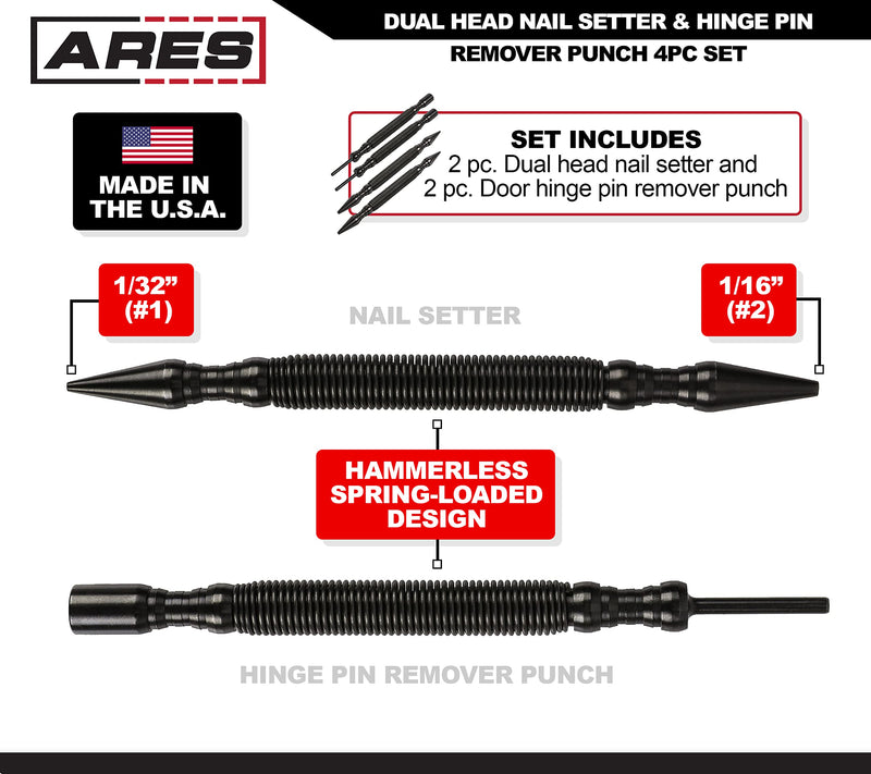 ARES 10046-4-Piece Dual Head Nail Setter & Hinge Pin Remover Punch Set - Nail Setters Feature 1/32-Inch (#1) and 1/16-Inch (#2) Dual Head Design - 5000 PSI Striking Force 4-Piece Nail Setter & Hinge Pin Punch Set