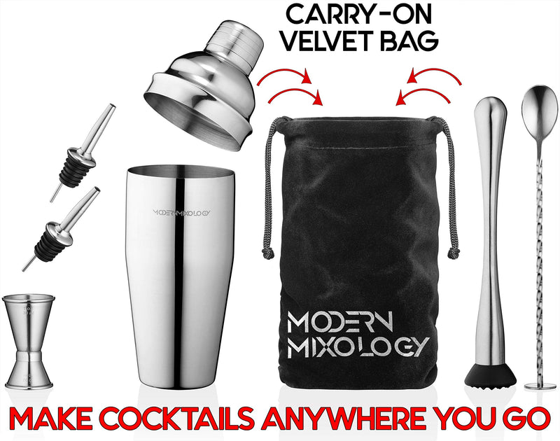 Mixology Cocktail Shaker Set Drink Mixer, 8-piece Portable Bartender Kit with 24oz Martini Shaker Barware Tool Set, 2 Pourers, Muddler, Jigger, Mixing Spoon, Velvet Bag, Built-in Strainer (Silver) Silver