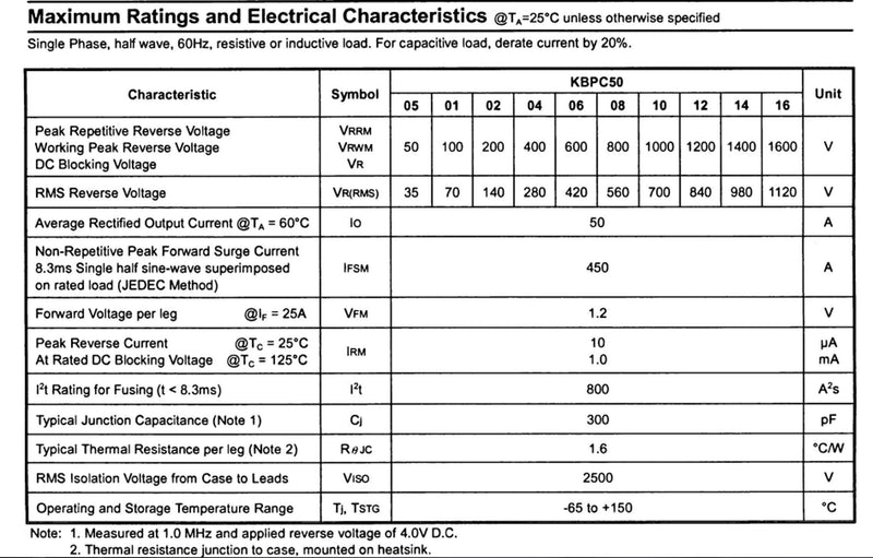 Bridgold 5pcs KBPC5010 Bridge Rectifier Diode,50A 1000V Single Phase,Full Wave 50 Amp 1000 Volt Electronic Silicon Diodes,Through Hole 4-Pin