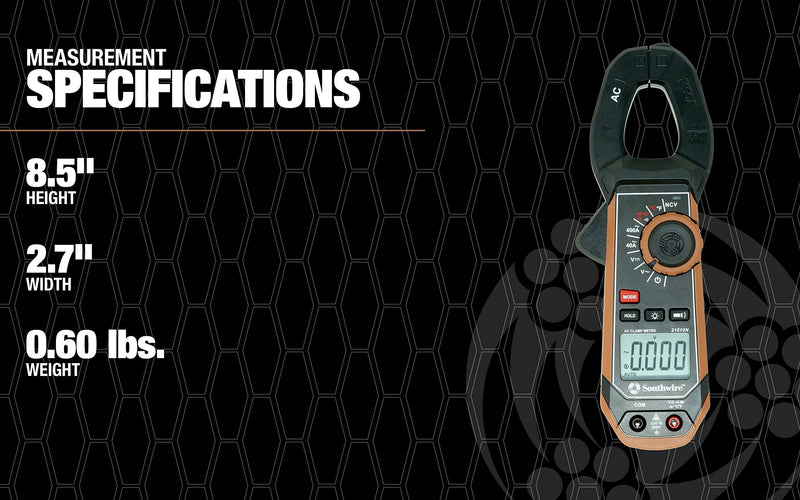 Southwire 21510N clamp meter, third-hand test probe holder, 400A AC current range, CAT III 600V safety rating, built-in non-contact voltage detector, 5 year warranty, Black Brown