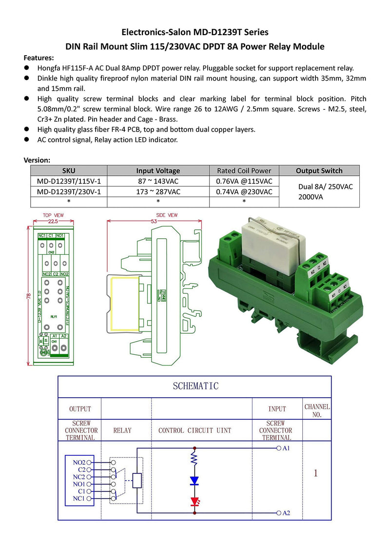 Electronics-Salon AC 115V Slim DIN Rail Mount 8Amp DPDT Power Relay Interface Module, 115VAC Relay Module RTE24615 115VAC