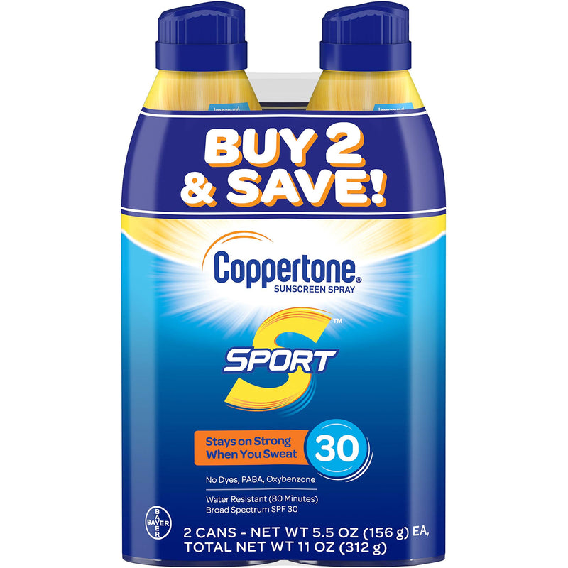 Coppertone Sport Continuous Sunscreen Spray Broad Spectrum SPF 30 (5.5 Ounce per Bottle, Pack of 2) (Packaging May Vary)