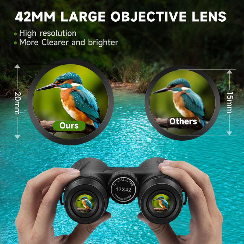 12x42 HD Binoculars for Adults High Powered, Super Bright Binoculars with Large View Low Light Night Vision, Waterproof Compact Binoculars for Bird Watching Cuise Ship Travel Hunting Stargazing