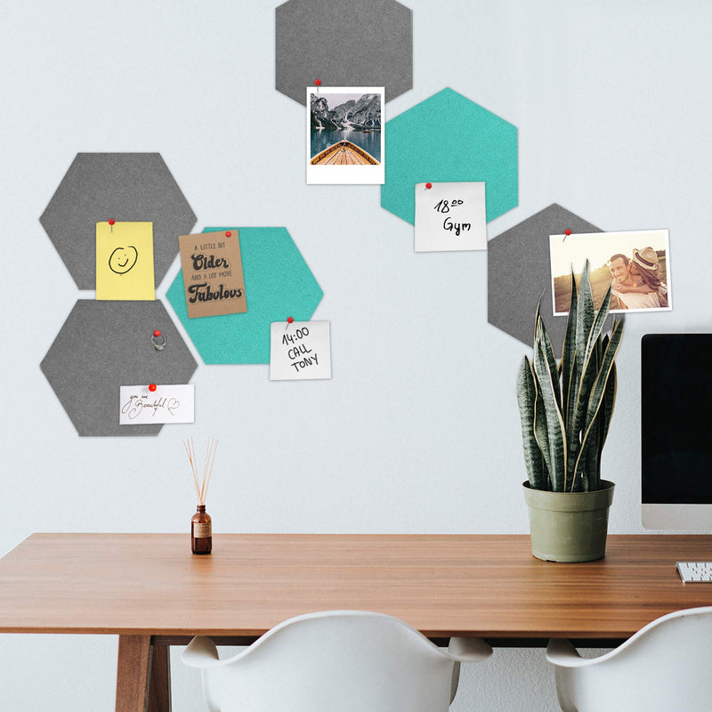Navaris Hexagon Felt Board Tiles - Set of 12 Notice Memo Bulletin Boards with Push Pins and Double-Sided Tape 5.9" x 6.7" - Dark Gray, Turquoise Dark Grey, Turquoise