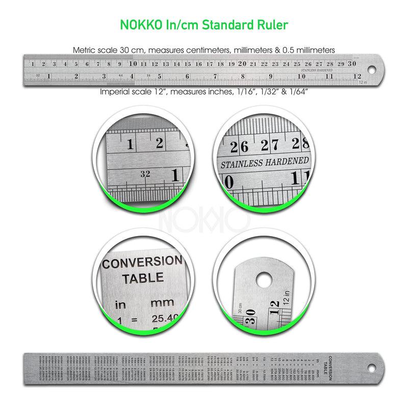 NOKKO Metal Ruler 10-Pack - Measuring Set of 12-Inch/30cm Stainless Steel Rulers - Imperial & Metric Measurements & Conversion Table - Etched Markers Start at The Very Edge of The Straight Edge Ruler