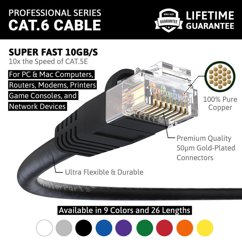 InstallerParts (10 Pack) Ethernet Cable CAT6 Cable UTP Booted 2 FT - Black - Professional Series - 10Gigabit/Sec Network/High Speed Internet Cable, 550MHZ 2 Feet (10 Pack)
