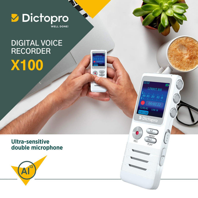 Digital Voice Activated Recorder by Dictopro- Easy HD Recording of Lectures and Meetings with Double Microphone, Noise Reduction Audio, Sound, Portable Mini Tape Dictaphone, MP3, USB, 8GB