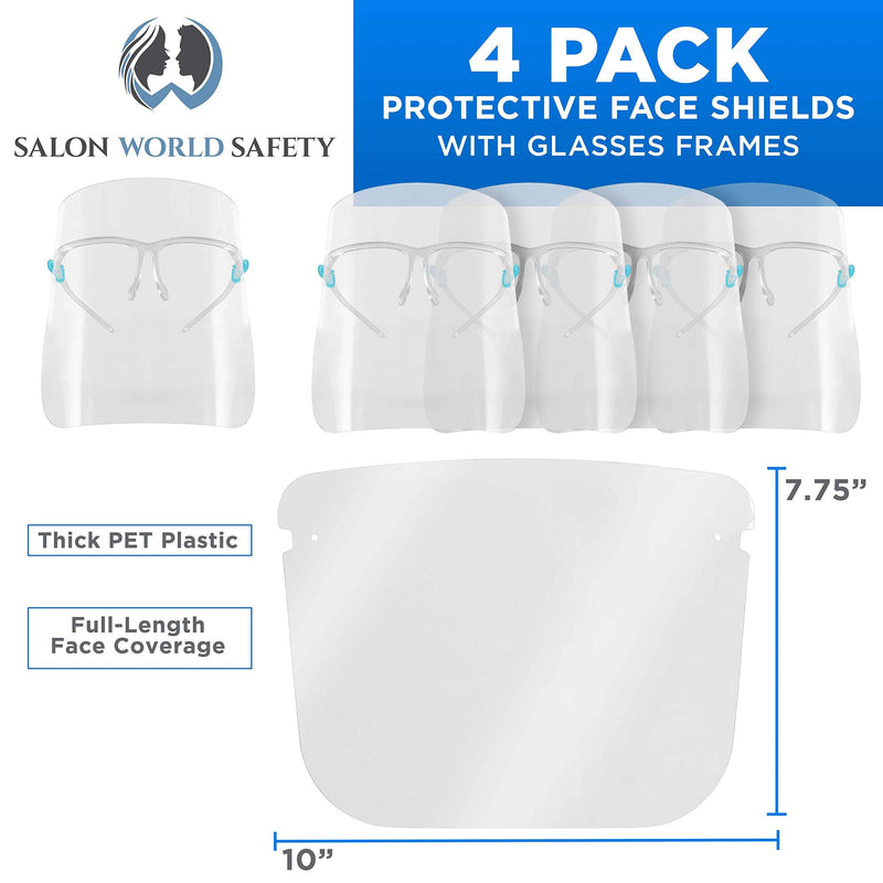 TCP Global Salon World Safety Face Shields with Glasses Frames (Pack of 4) - Ultra Clear Protective Full Face Shields to Protect Eyes, Nose, Mouth - Anti-Fog PET Plastic Sanitary Droplet Splash Guard