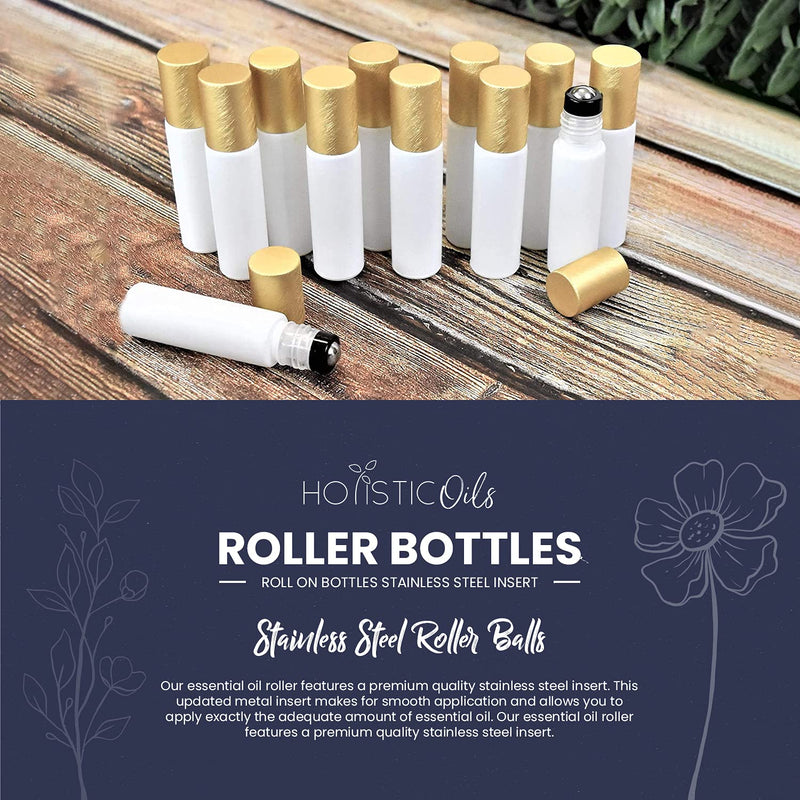Holistic Oils Roller Bottles Bulk for Essential Oils (12 PACK) 10ml White Glass Roll-On Empty Roller Bottles with Stainless Steel Roller Balls to Apply Smoothly on Your Skin